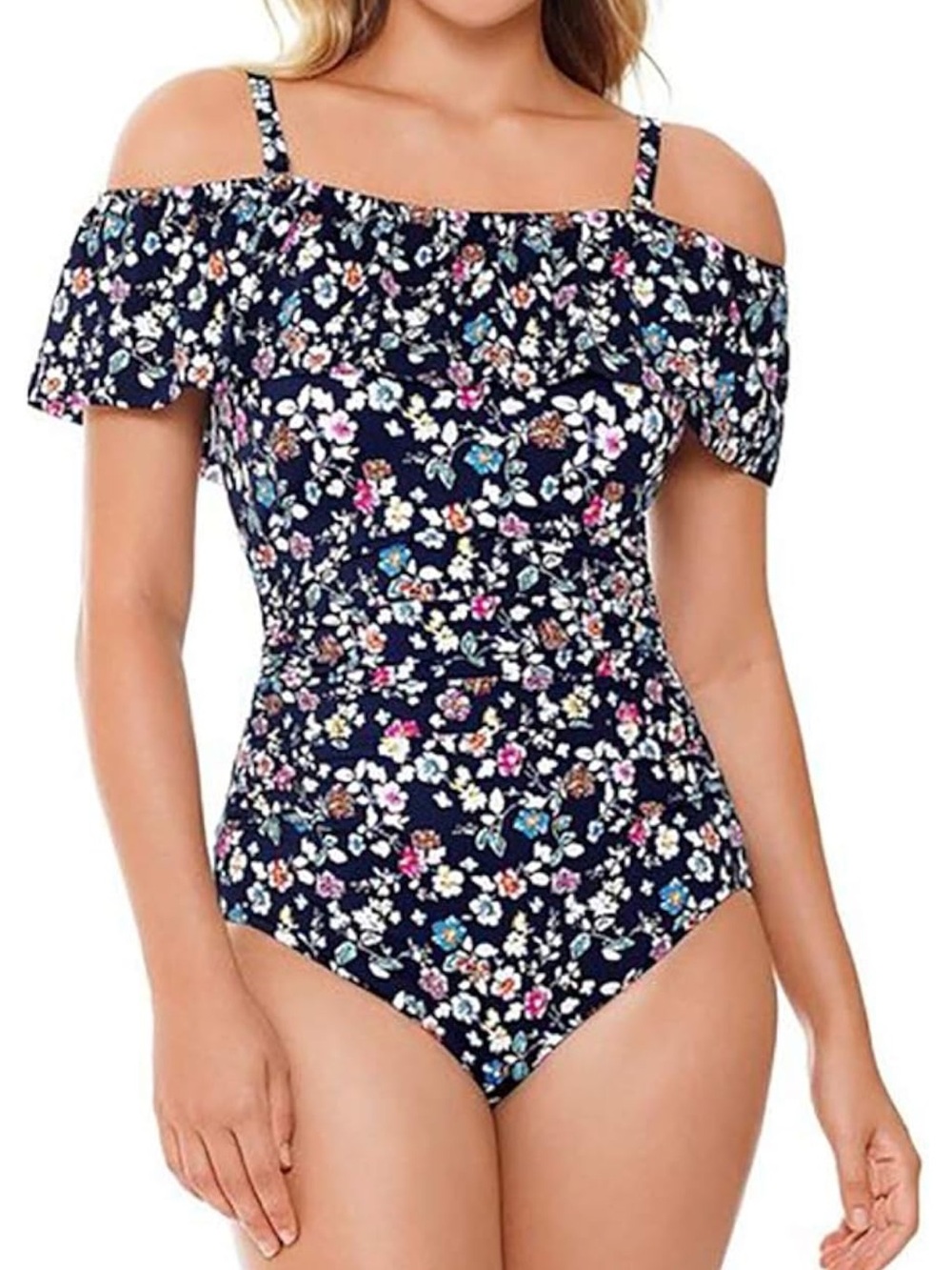 Navy Floral Off-Shoulder Swimsuit